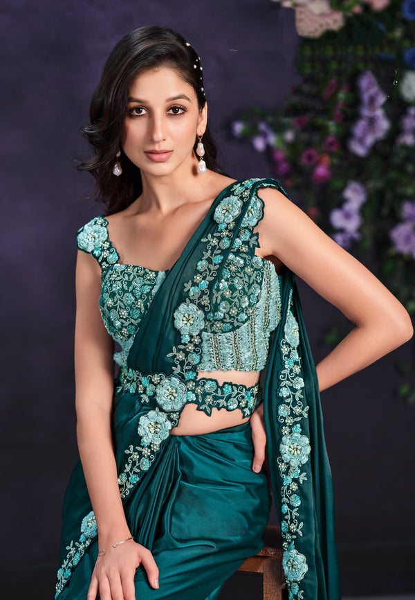 designer fusion crepe pre stitched saree with corset and belt