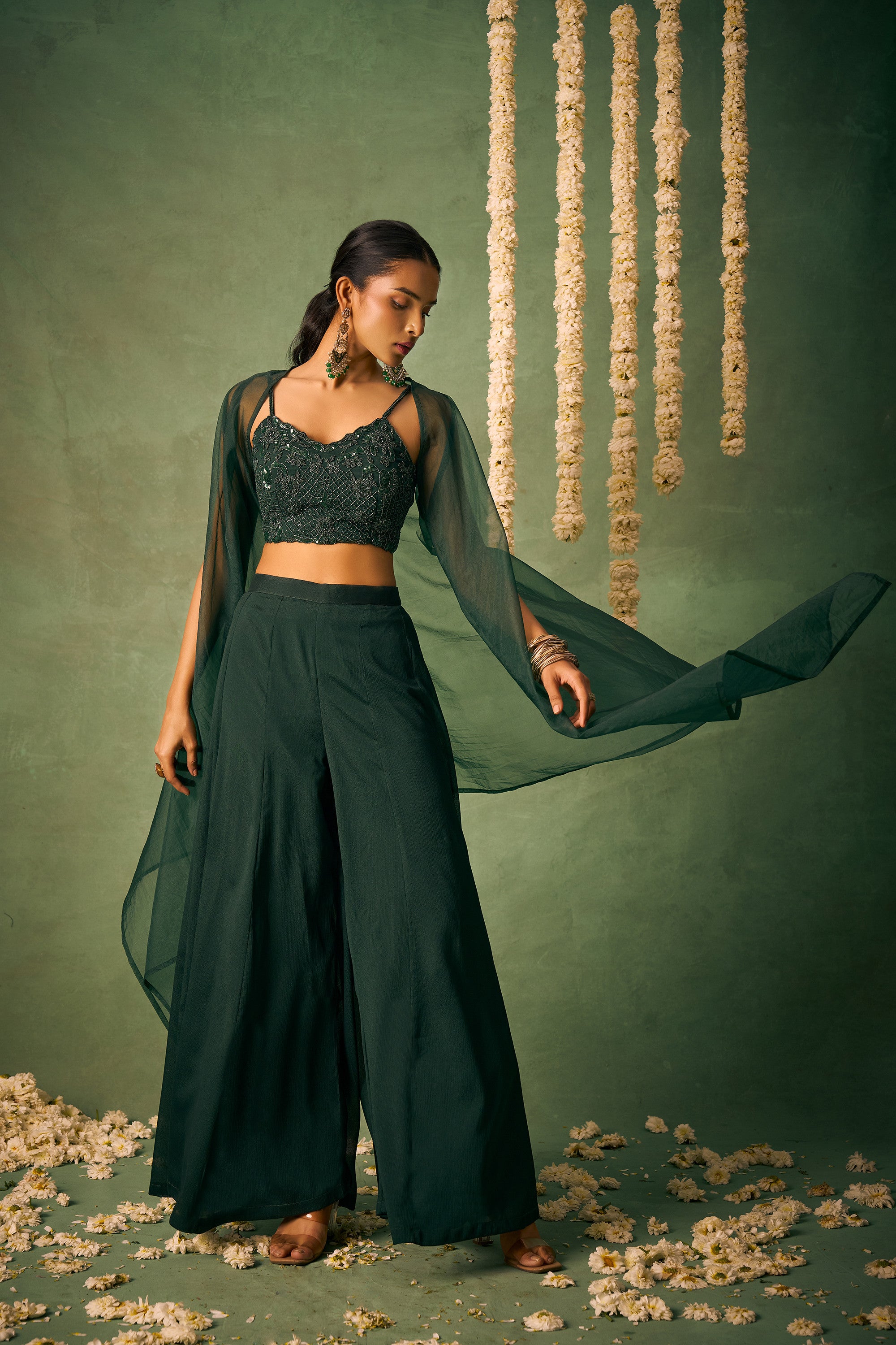 Evening Partywear Green Silk Designer Palazzo Crop Top Shrug