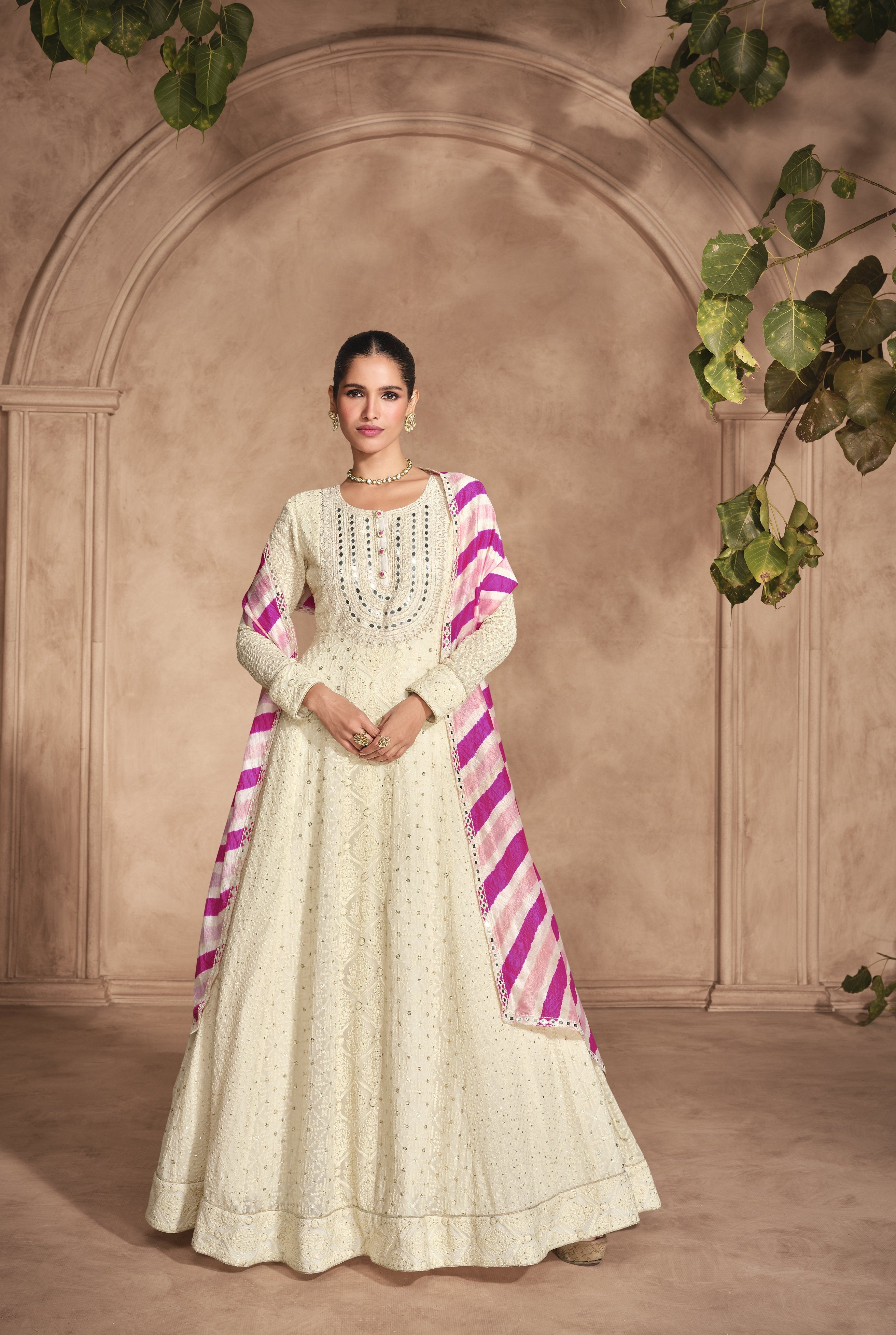 Designer Ready To Wear White Georgette Lucknawi Leheriya Anarkali Gown