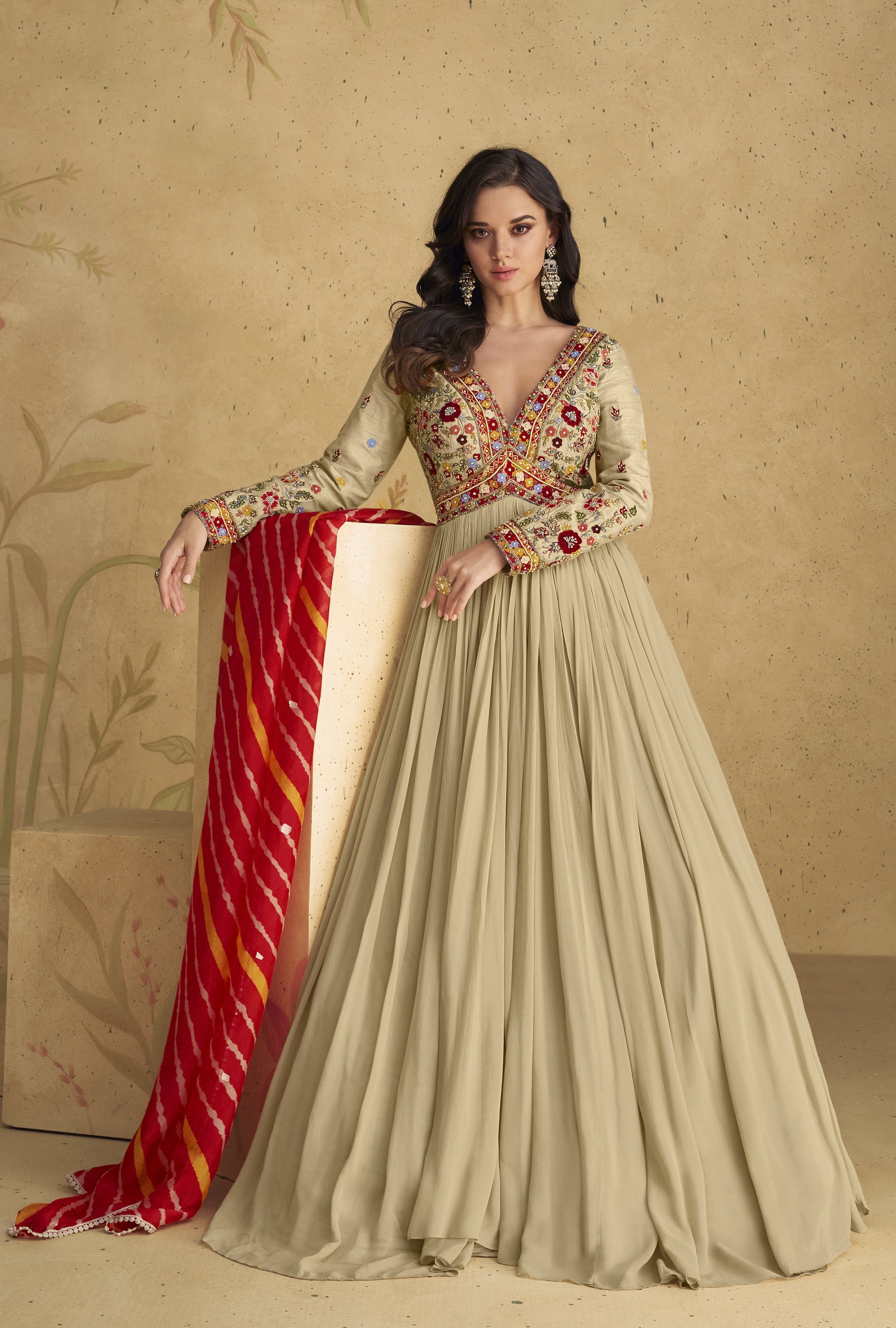 Rajasthani Silk Beige Indo Western Anarkali Gown Leheriya Dupatta