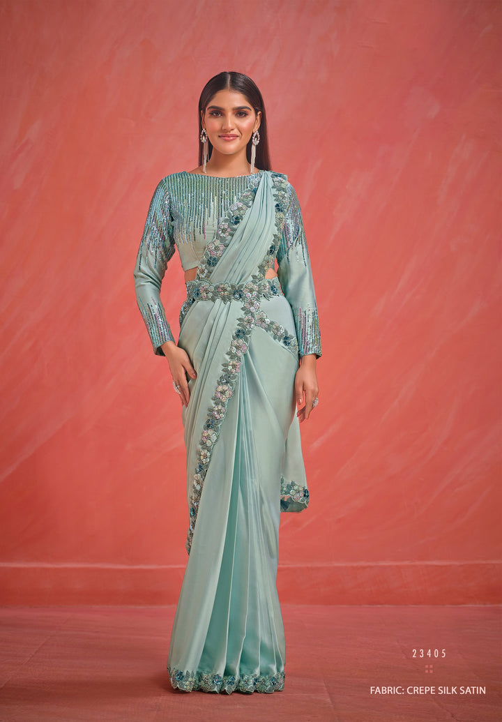 fusion fashion stylish blue party sari