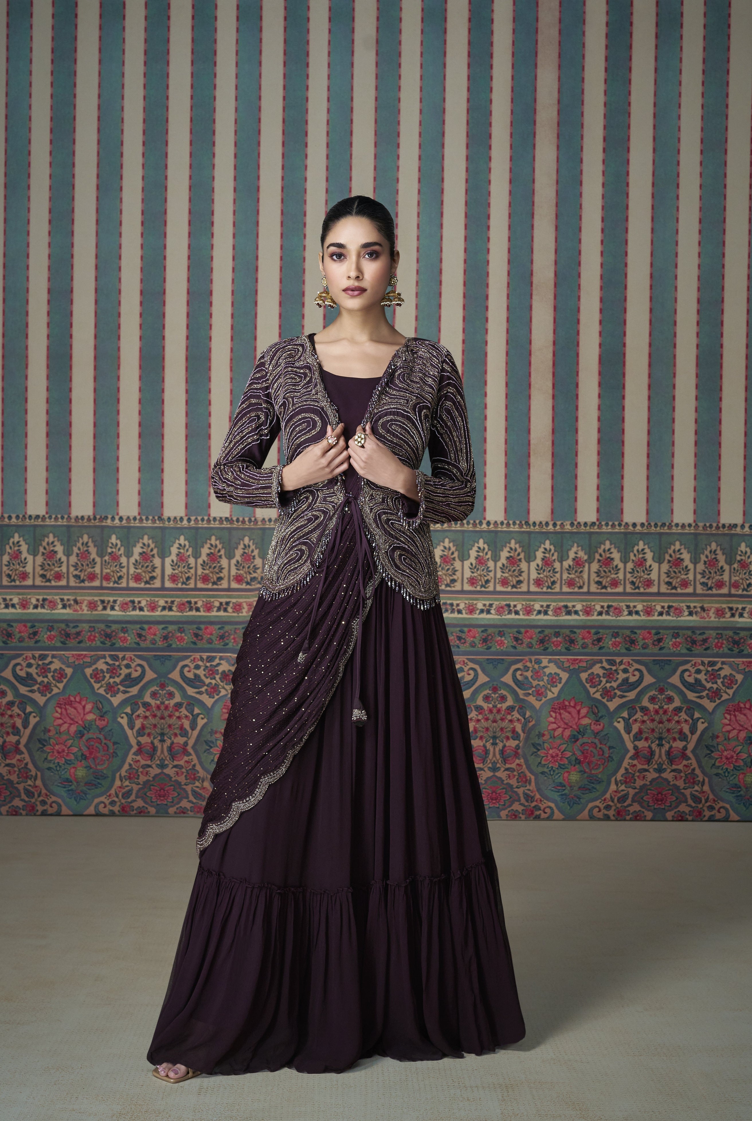 Saree Long Frock Coat Type Pink Party Wear Gown With Handcrafted