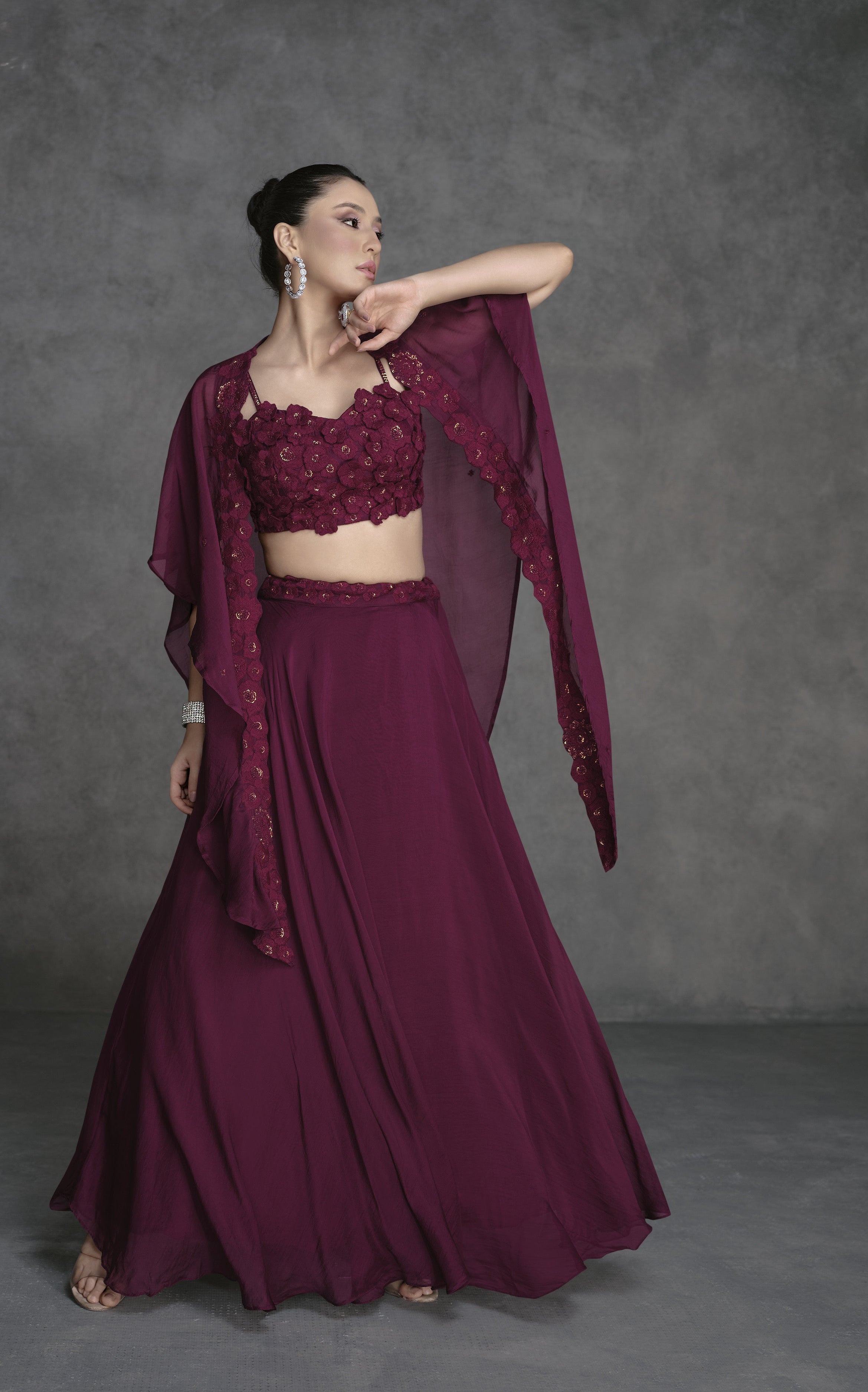Club Wear Magenta Silk Crop Top Shrug Lehenga Indo Western Party