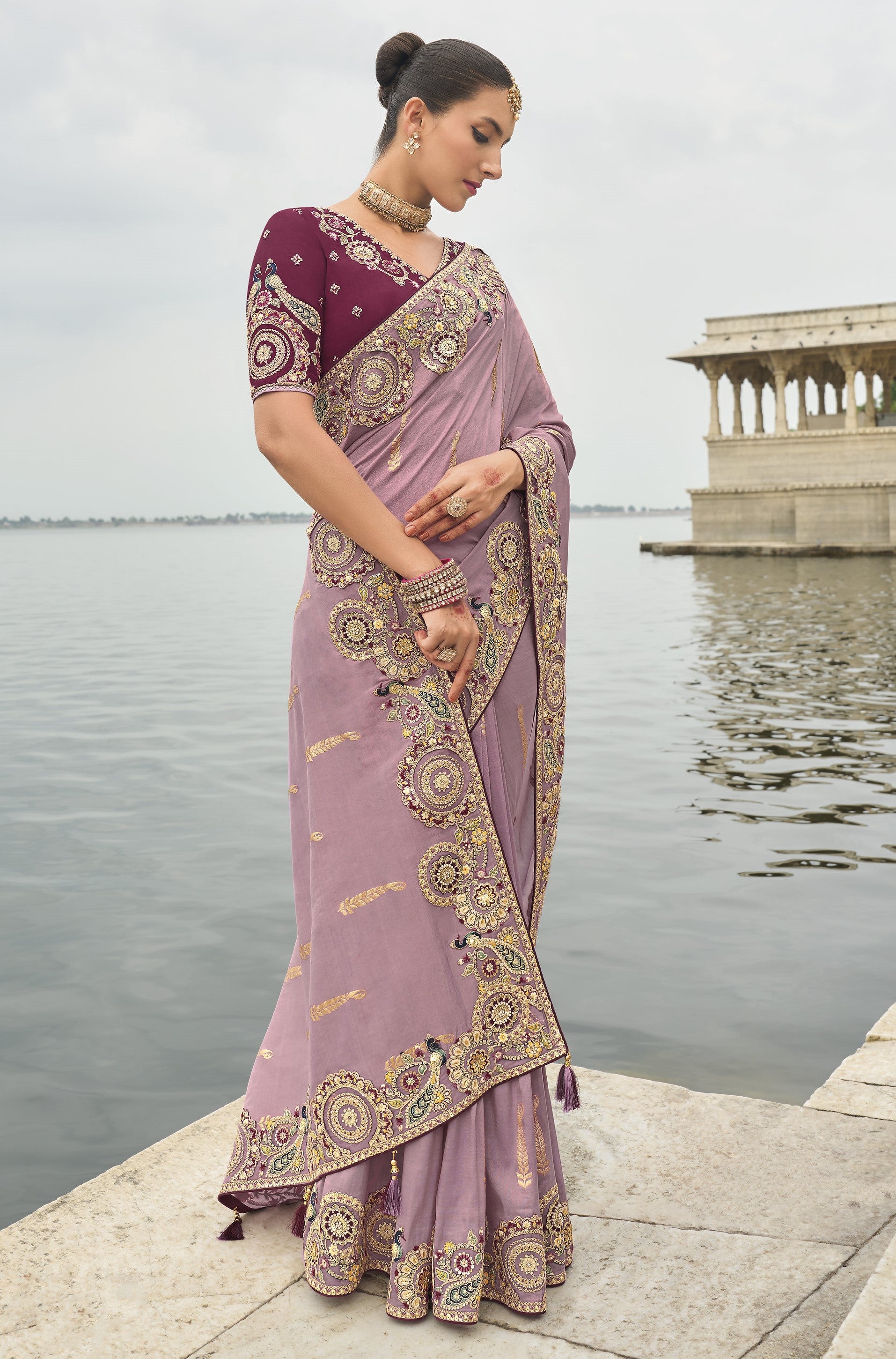 Destination Wedding Wear Lavender Gadwal Silk Bridal Saree With