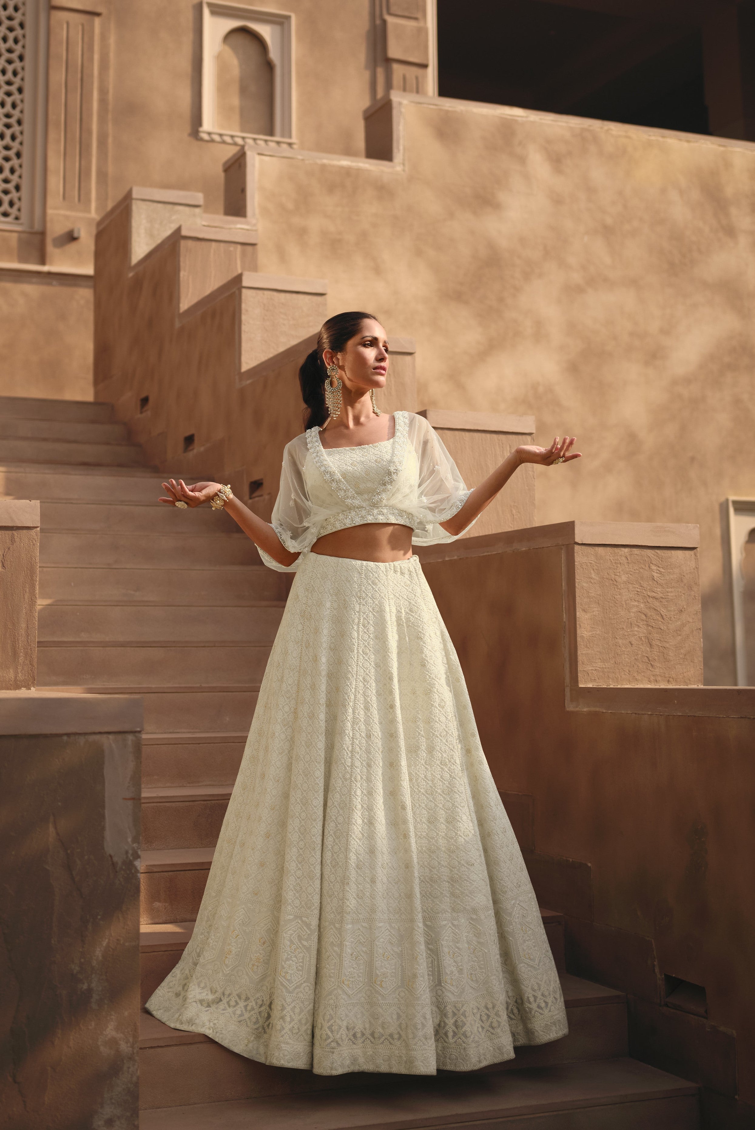 Georgette Crop Top And Skirt With Long Shrug Blue Crop Top Dhoti