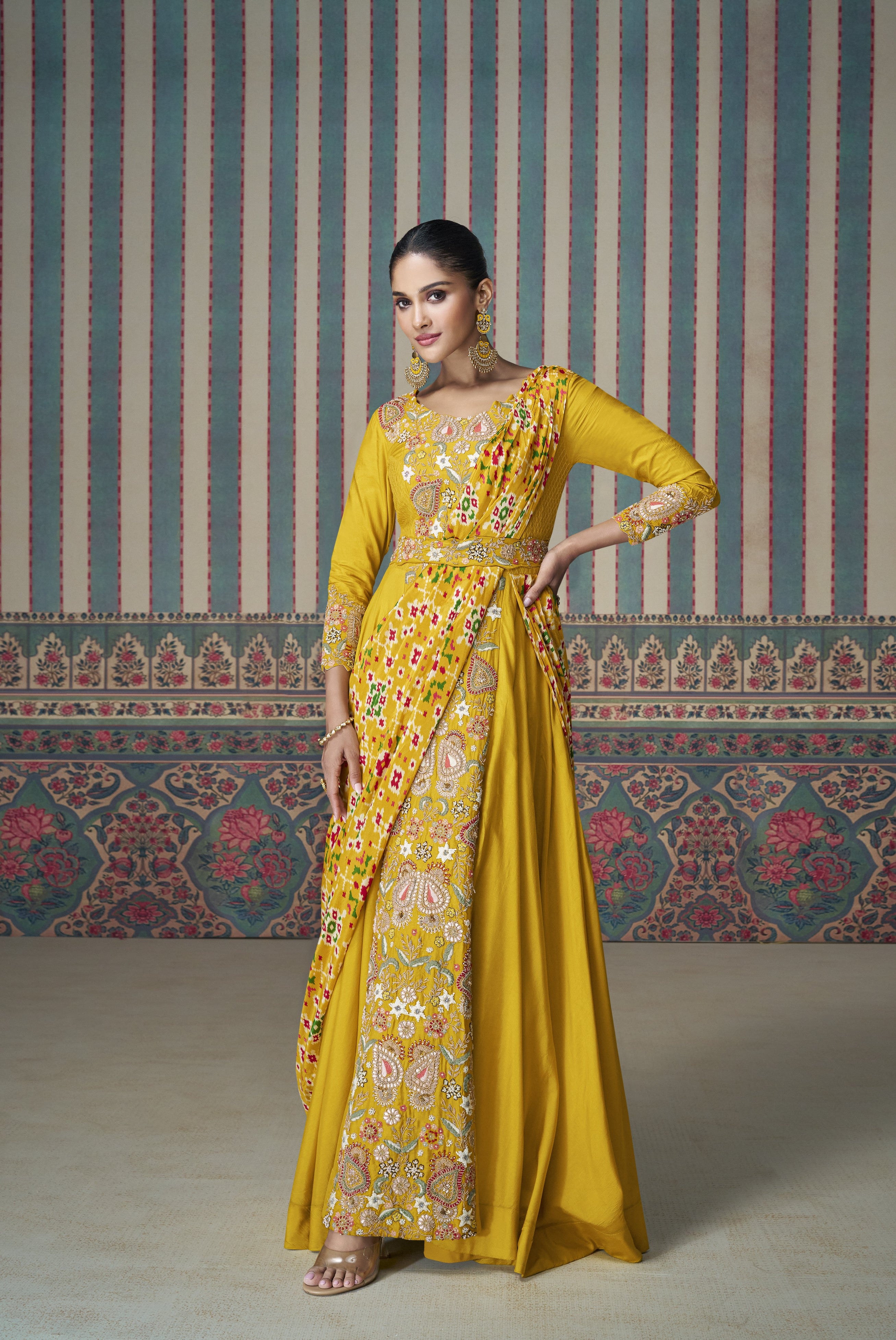 Haldi Wear Yellow Silk Fusion Tailored Ethnic Stylish Gown With Belt
