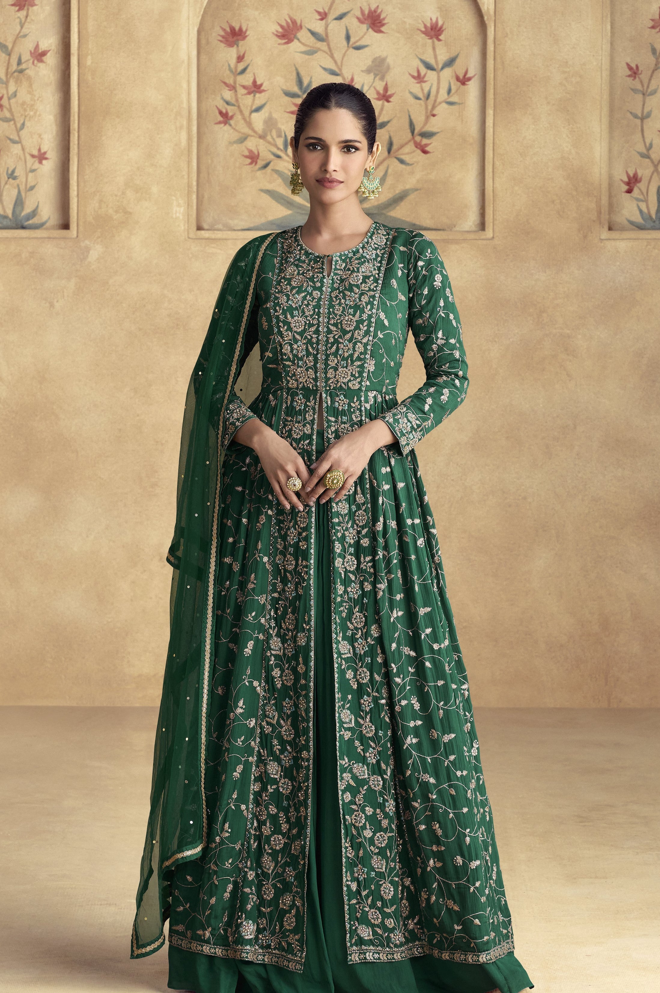 Mehendi Wear Green Silk Lehenga Anarkali Indian Fashion