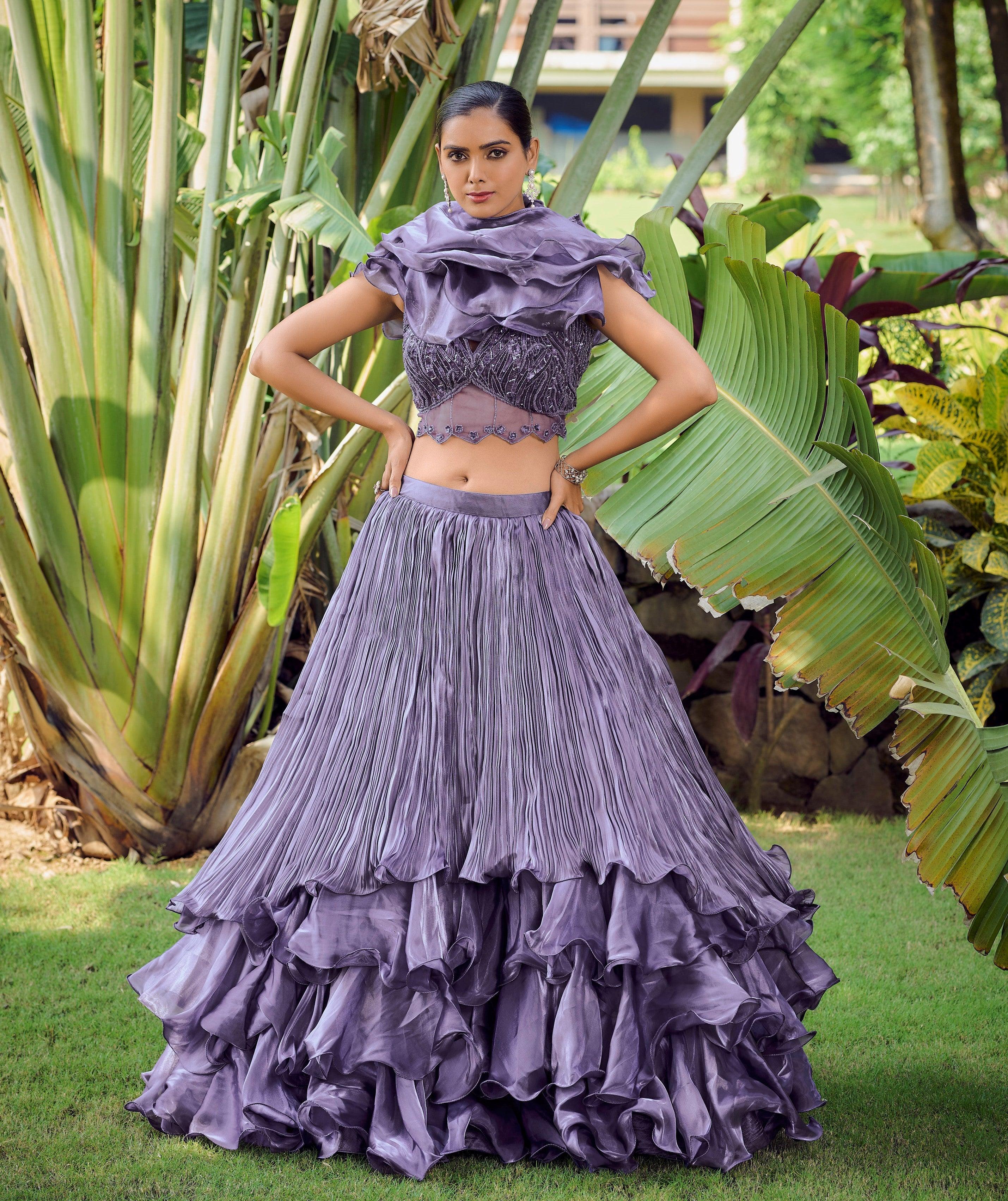 Evening Partywear Lilac Silk Layered Skirt Crop Top