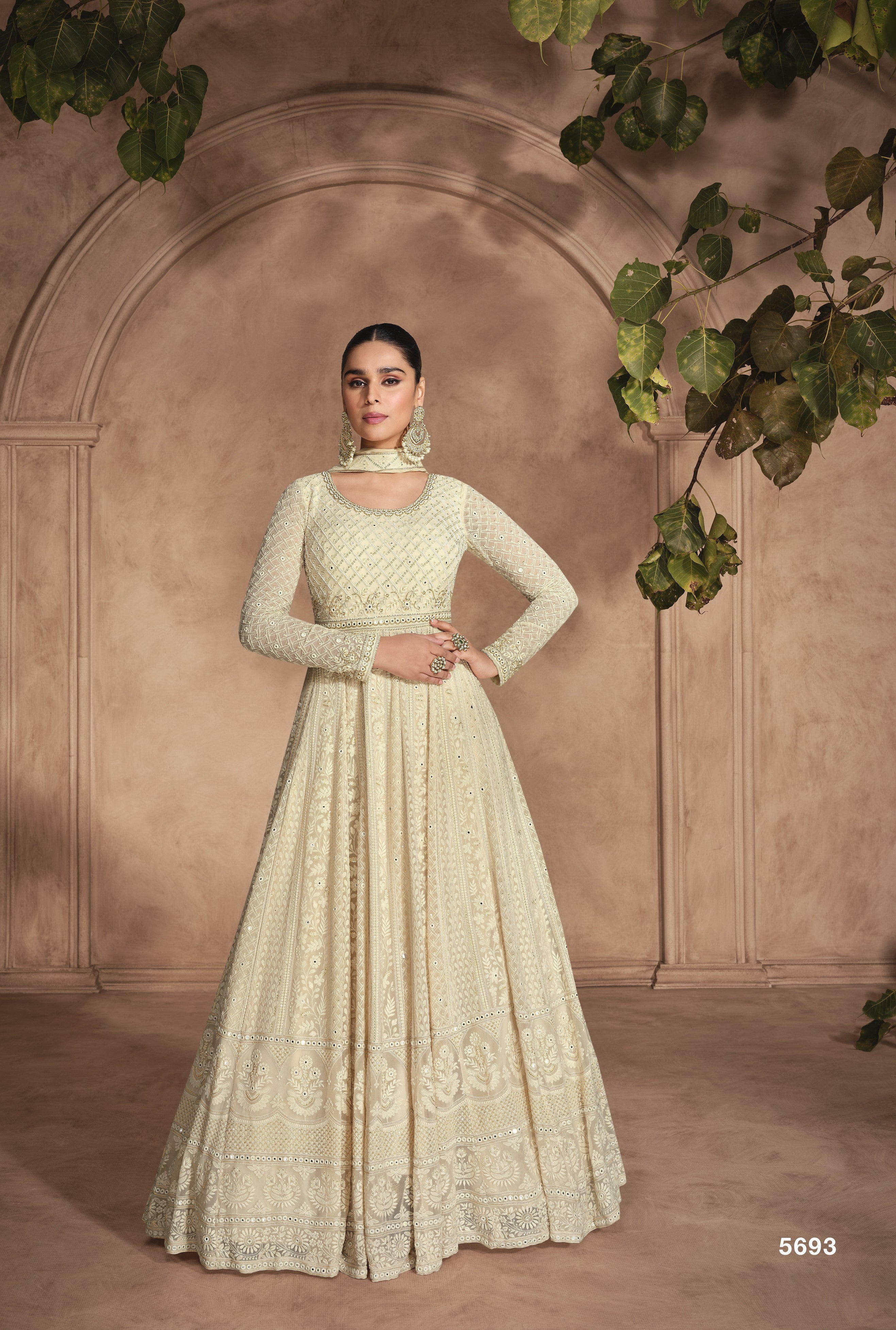 Resort Partywear Off-White Chikankari Georgette Stitched Anarkali Gown