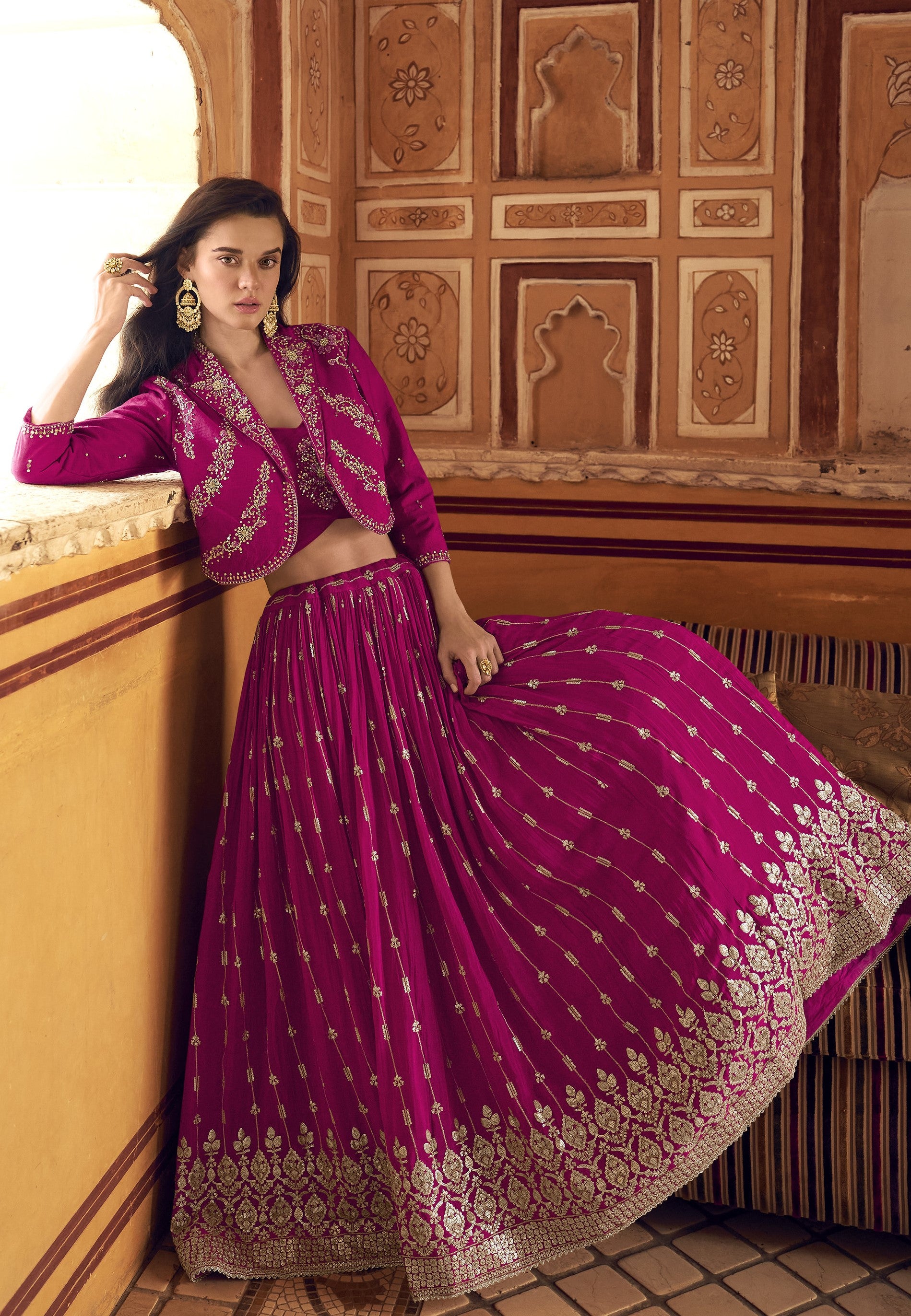 Sangeet Partywear Pink Silk Indo Western Lehenga Crop Top
