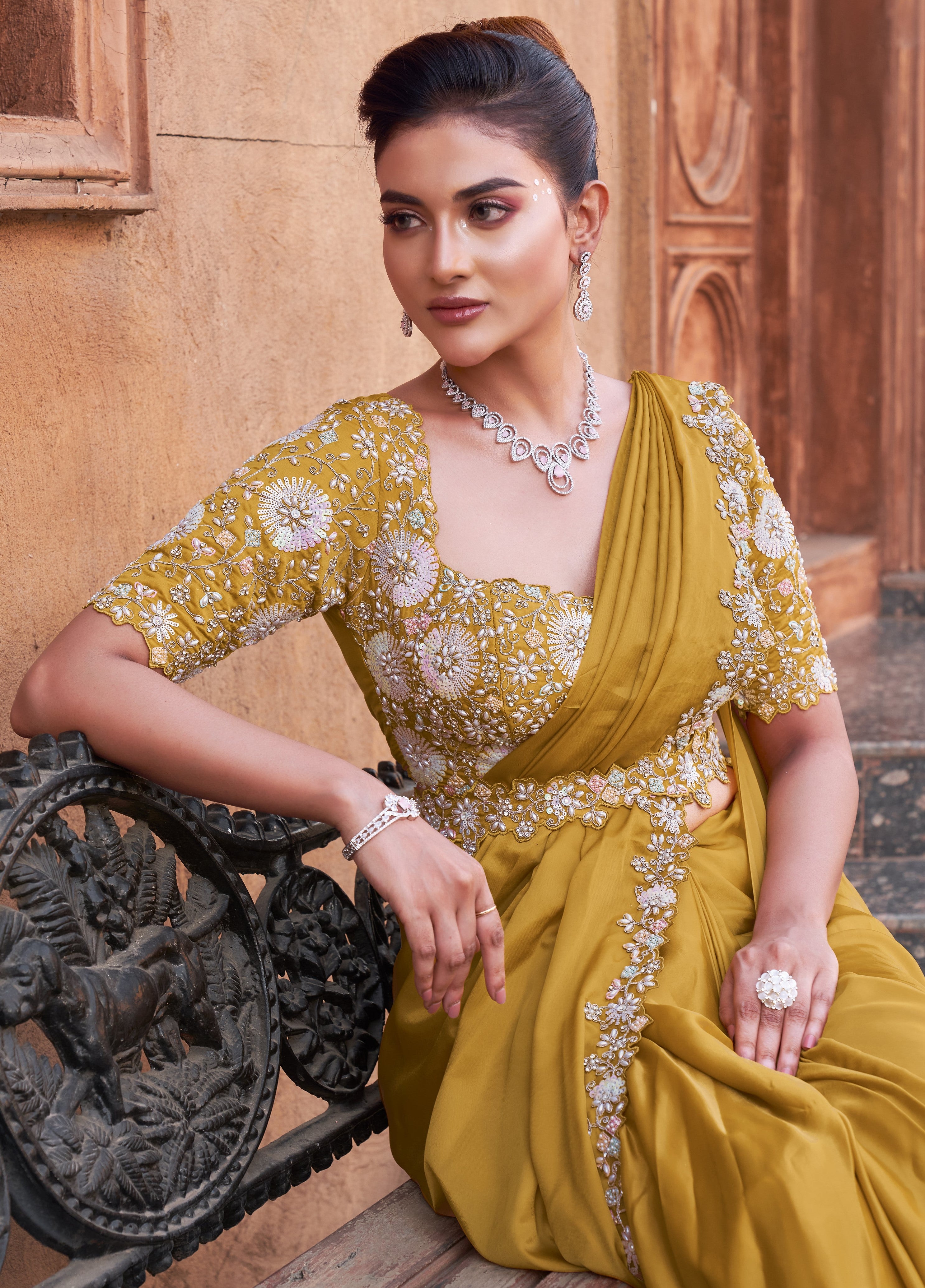 Haldi Wear Crepe Satin Silk Yellow Pre-Pleated Party Saree Belt