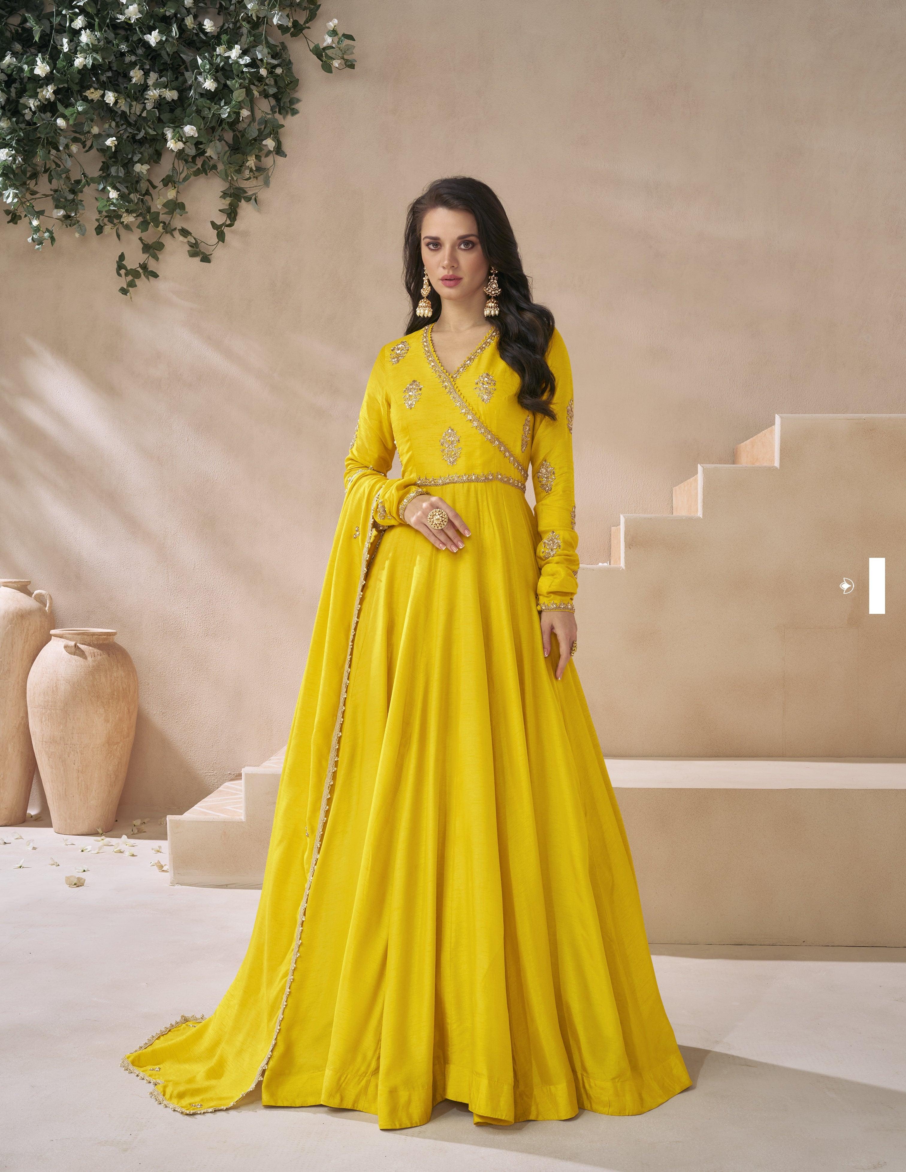 Yellow Silk Stitched Fusion Fashion Angarkha Haldi Partywear Long Gown