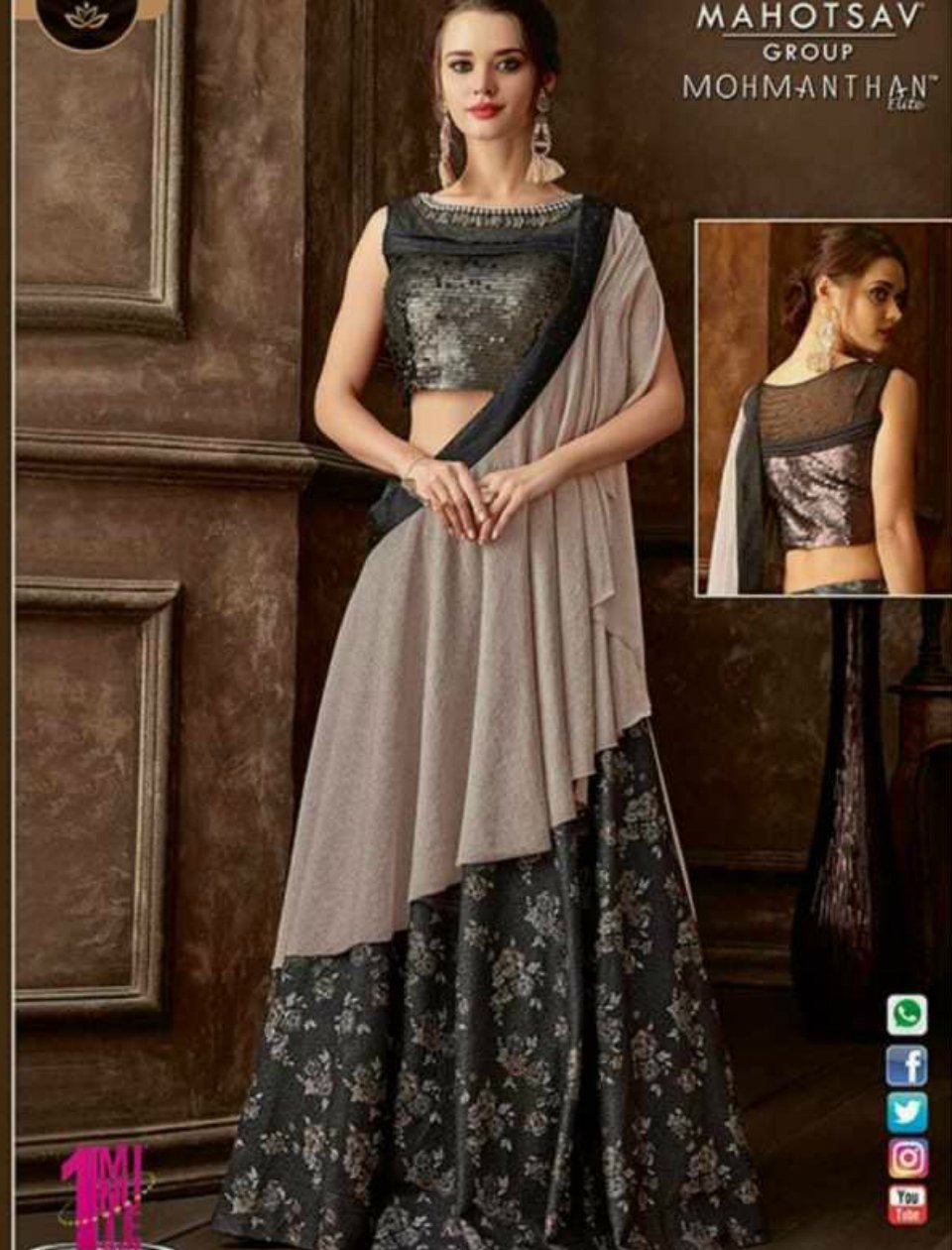 Designer New Indo Western MOH5107 PartyWear Grey Silk Lycra Saree Gown