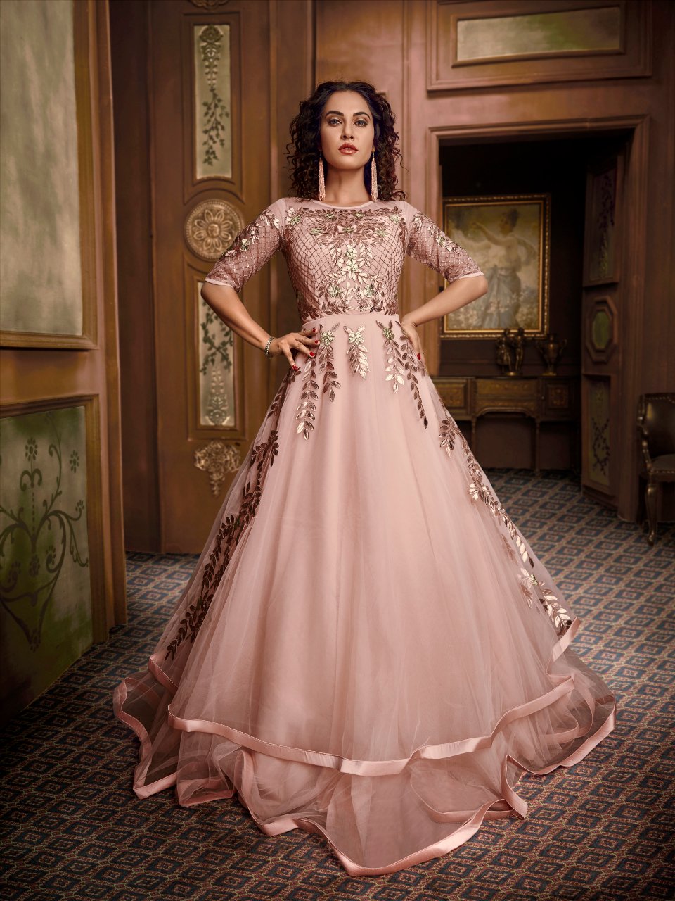 Latest Designer Indo Western Party & Cocktail Wear Pink Silk Net Gown