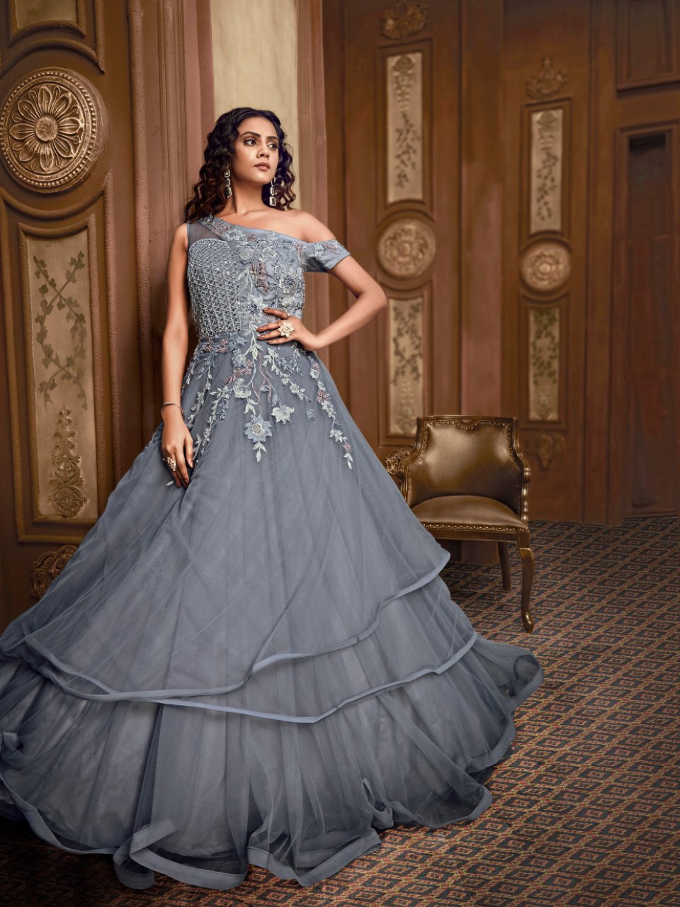 Celestial Indo Western Party Cocktail Wear Grey Silk Net Layered Gown