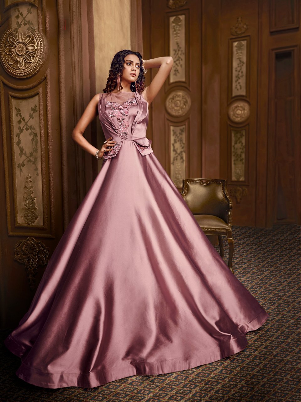 Impressive Indo Western Designer Cocktail Wear Rose Pink Silk Net Gown