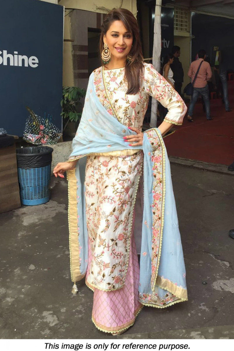 Stunning Madhuri Dixit Bollywood Inspire Pink White Silk Anarkali Suit