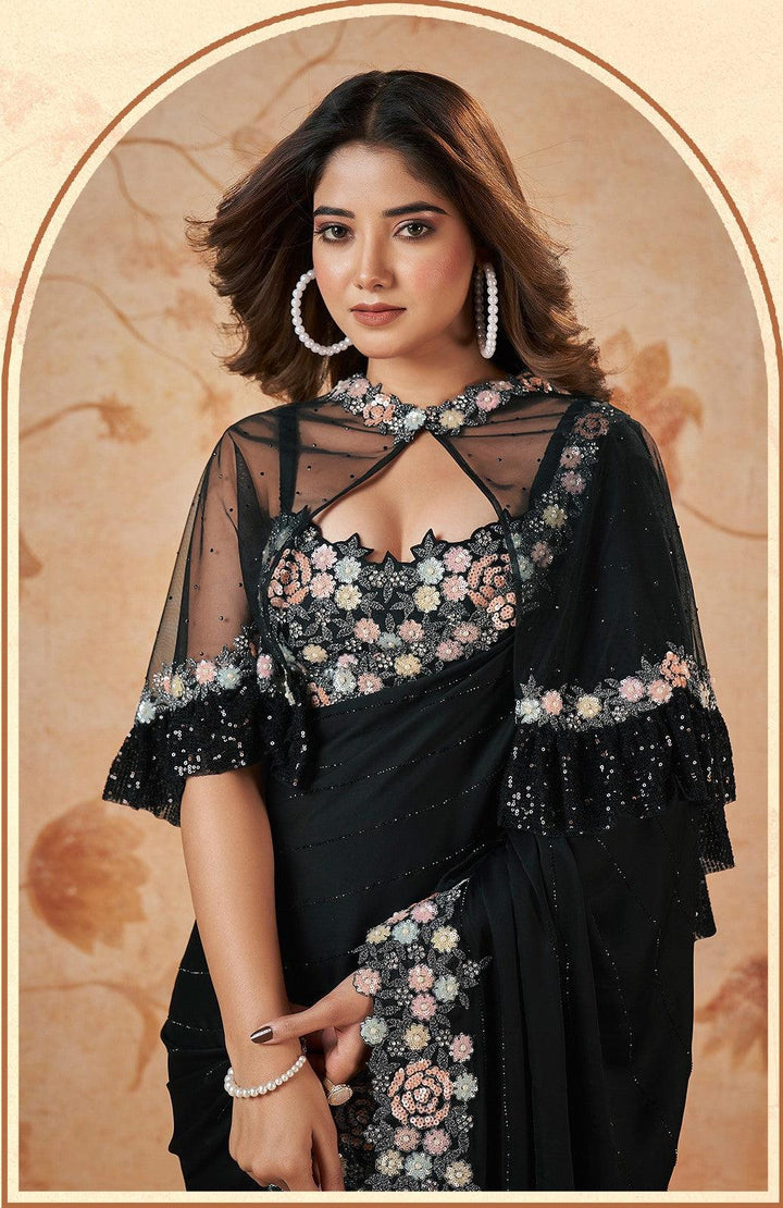 Black Crepe Silk Cocktail Partywear Saree with Poncho - Fashion Nation