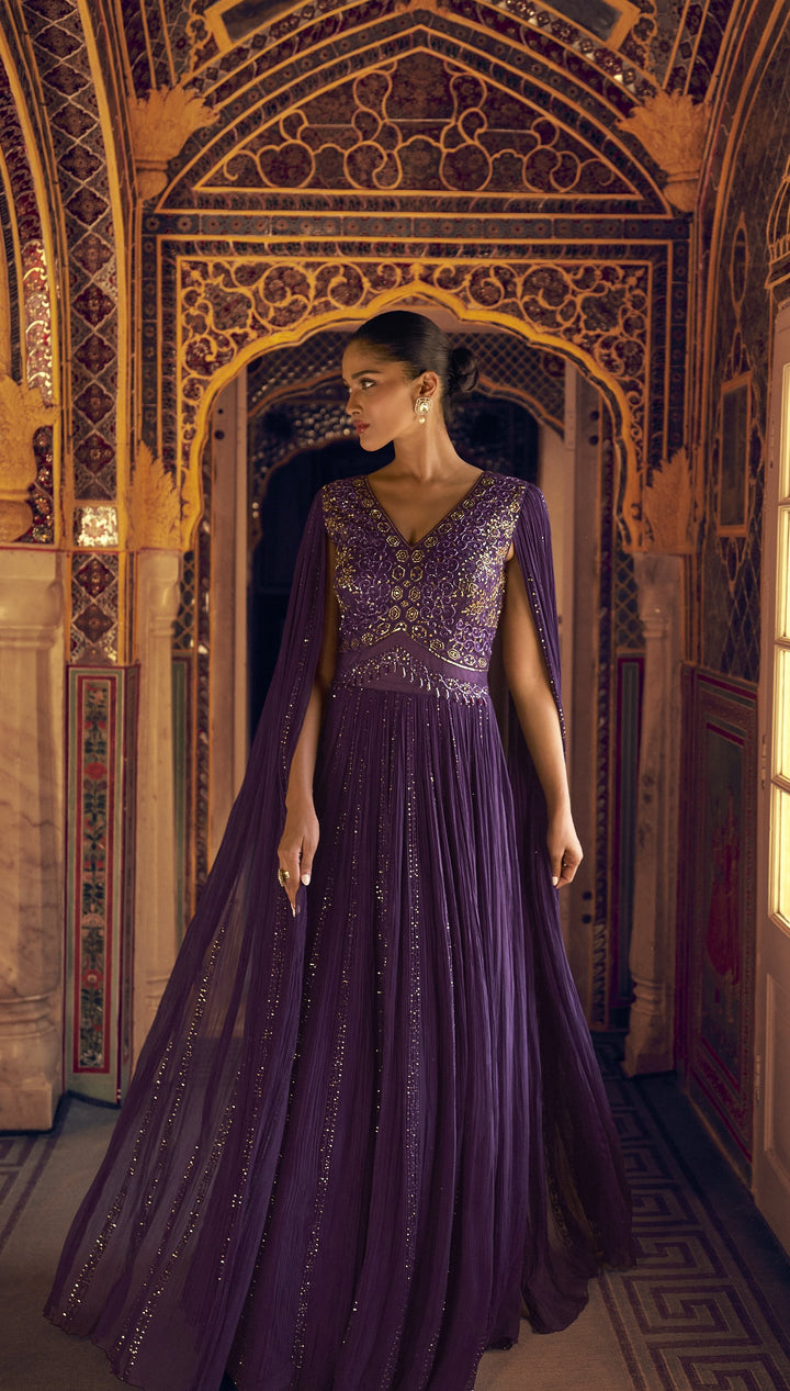 crushed silk designer cocktail partywear in purple