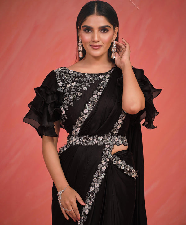 Bachelorette Wear Black Crepe Silk Fusion Sari And Belt | Ready Blouse - Fashion Nation