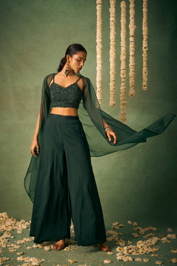 Evening Partywear Green Silk Designer Palazzo Crop Top Shrug