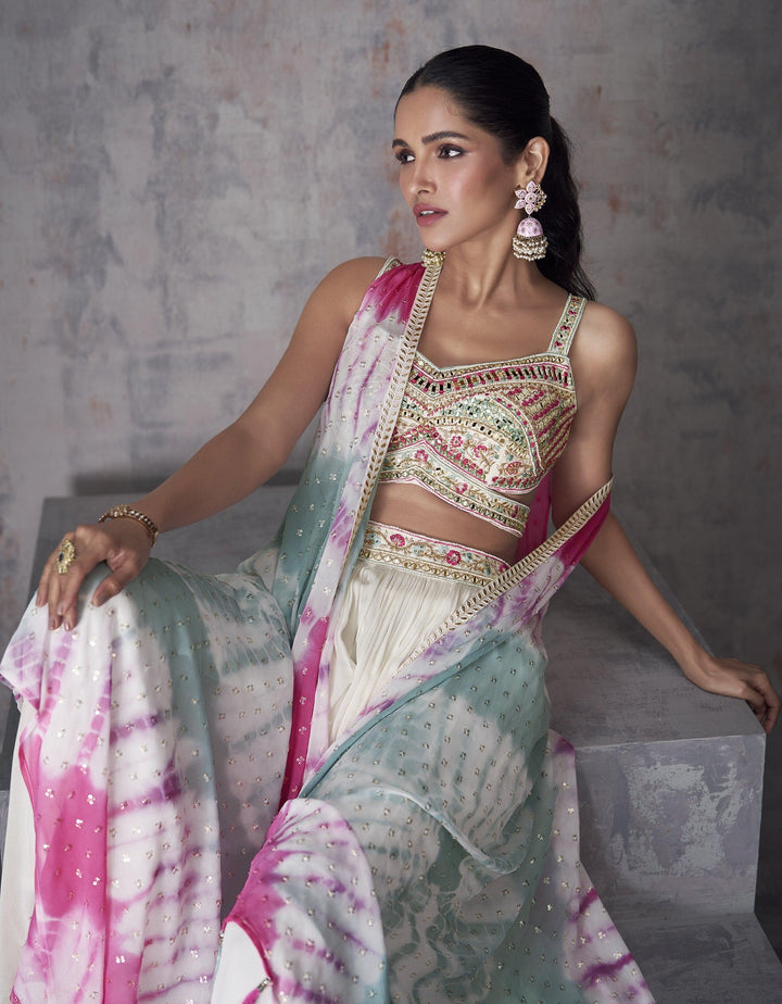 Summer Partywear White Georgette Indo Western Crop Top | Tie-Dye Shrug - Fashion Nation