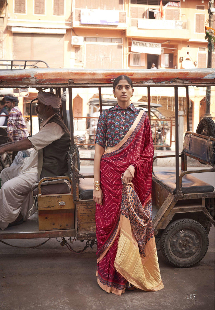 Bridal Hand Block Ajrak Print And Bandhani Red Zari Patta Silk Saree - Fashion Nation
