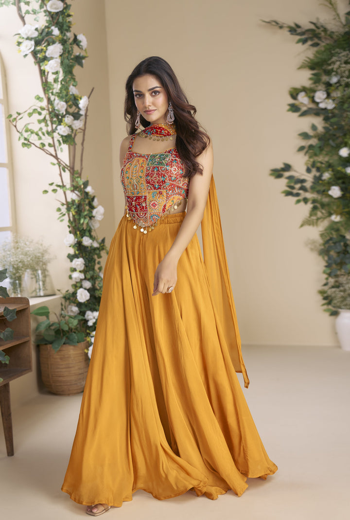 Haldi Wear Yellow Georgette Crop Top Palazzo Dupatta Festive