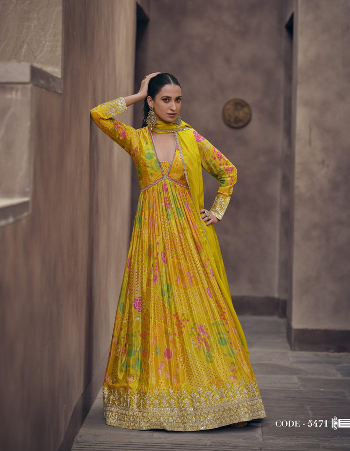 Festive Yellow Haldi Wear Georgette Readymade Fusion Fashion Party Gown - Fashion Nation