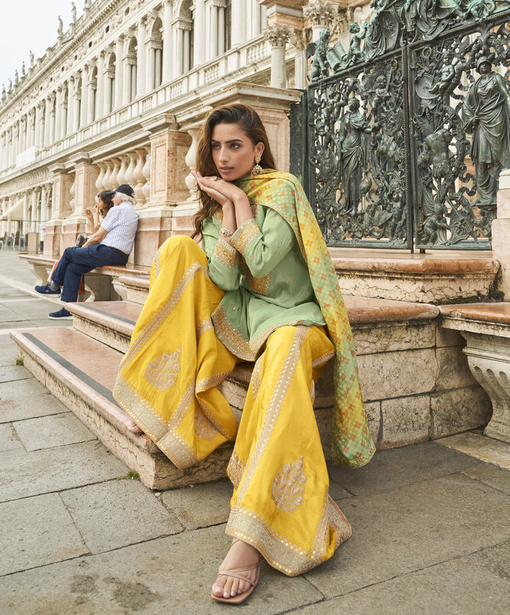 club day wear traditional suit in yellow and green