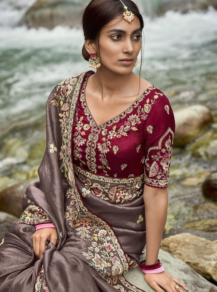 Sangeet Party Wear Grey Silk Embroidered Saree - Fashion Nation
