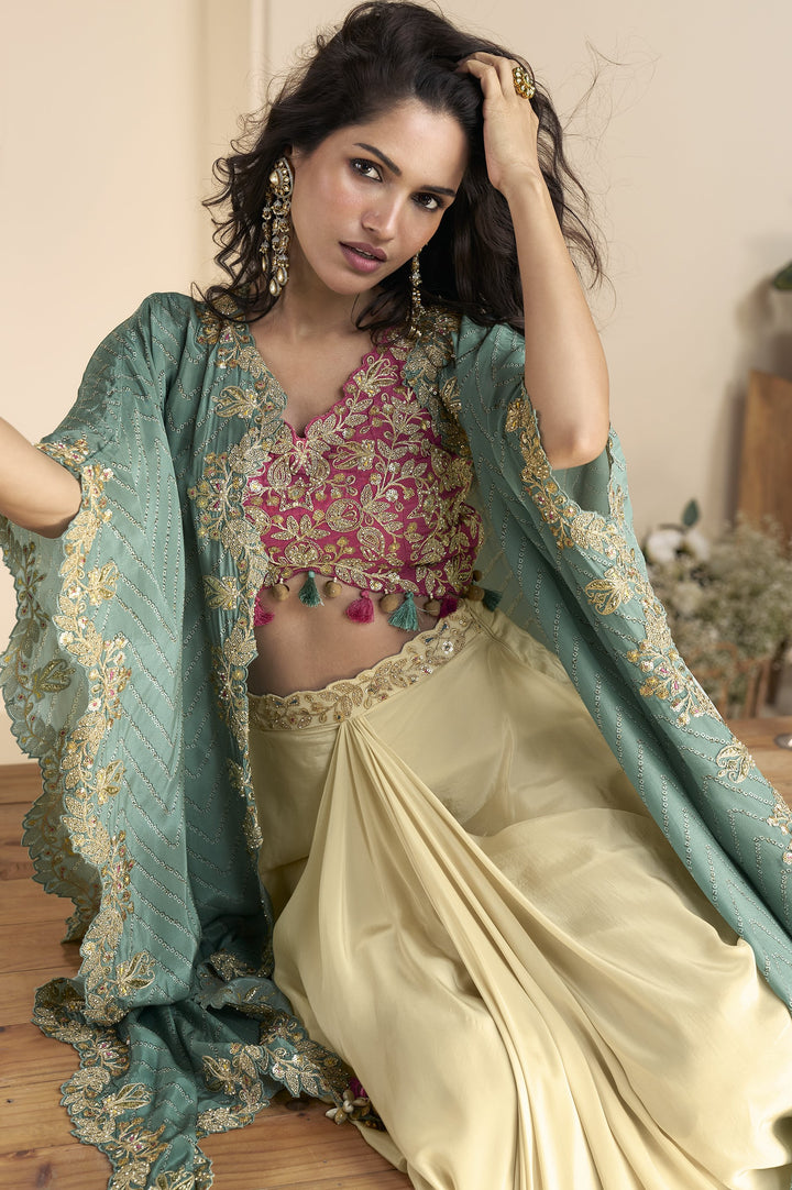 marriage partywear trendy dress with draped skirt, shrug and crop top.