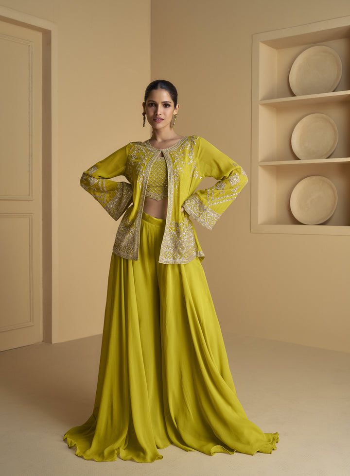 Yellow Crop Top With Palazzo And Long Shrug Indo Western Shrug