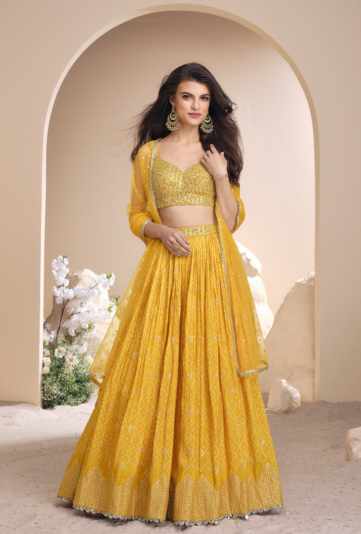 Haldi Wear Yellow Jacquard Silk Bandhej Lehenga Crop Top