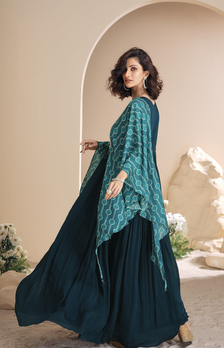 Club Partywear Blue Silk Indo Western Ready Floor Length Designer Gown