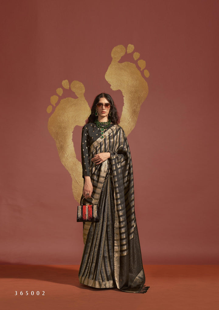 Evening Partywear Black Handloom Silk Weaving Ethnic Saree - Fashion Nation