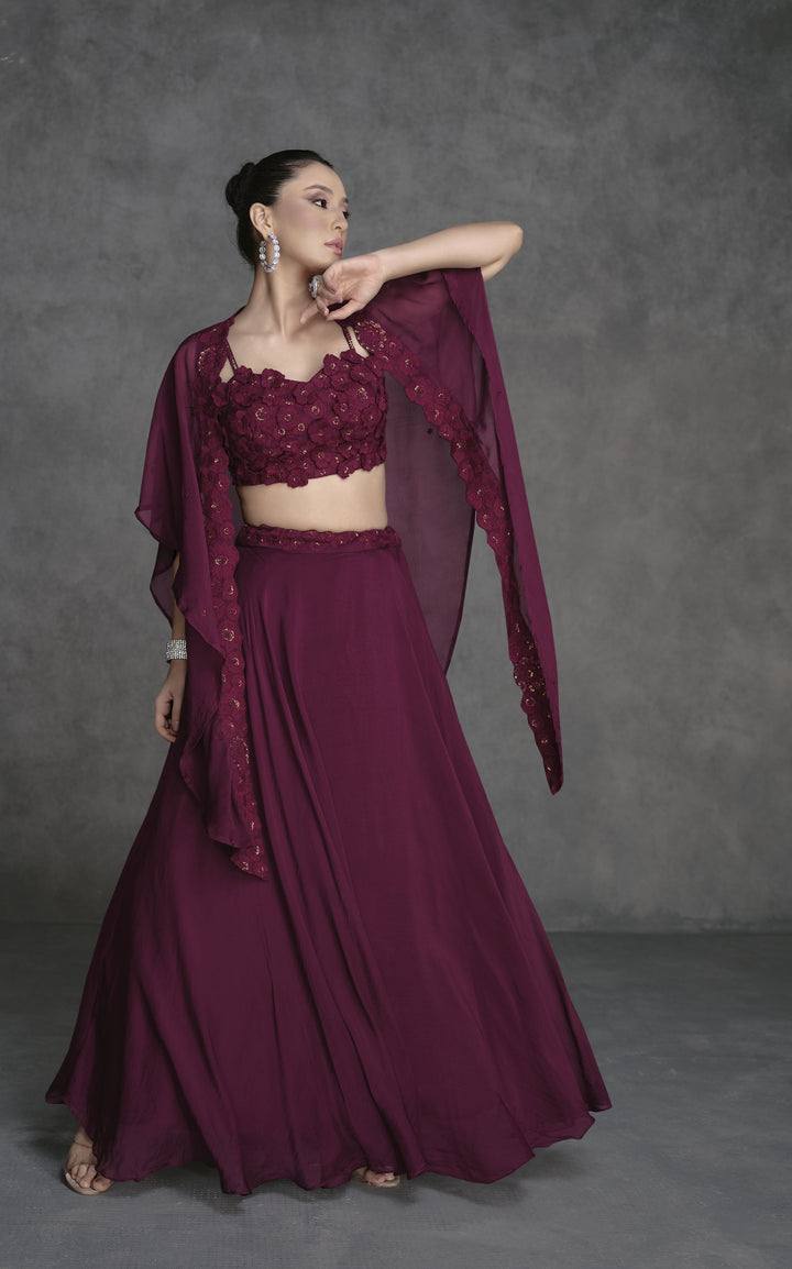 Cocktail Partywear Magenta Georgette Crop Top Cape Skirt Fusion