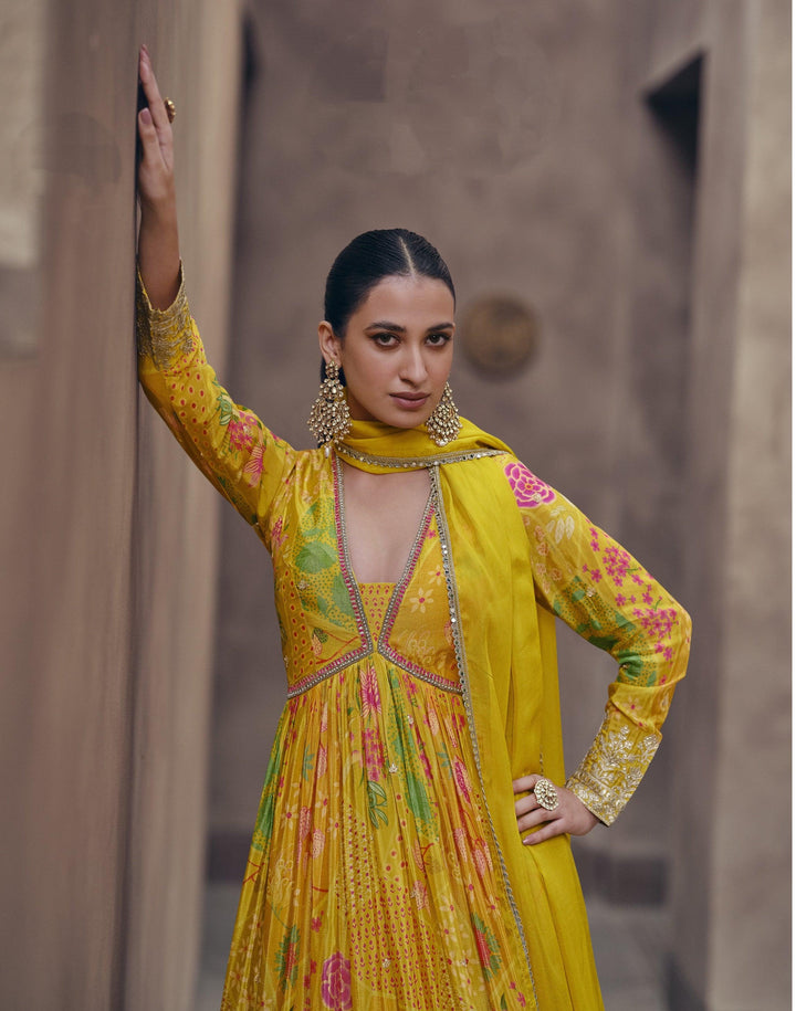 Festive Yellow Haldi Wear Georgette Readymade Fusion Fashion Party Gown - Fashion Nation