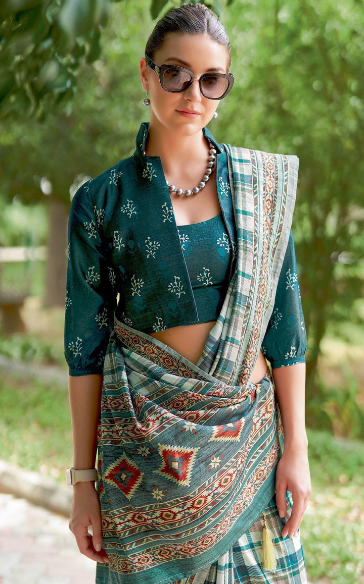 Daily Wear Blue Checks Patterned Silk Stylish Sari with 2 Tops - Fashion Nation
