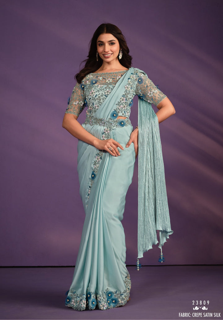 marriage function readymade bollywood style sari with belt & net stylish blouse