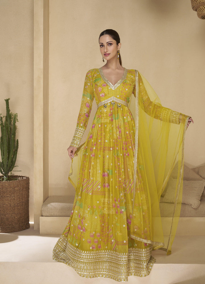 Yellow Haldi Party Ready-to-Wear Georgette Indo Western Anarkali
