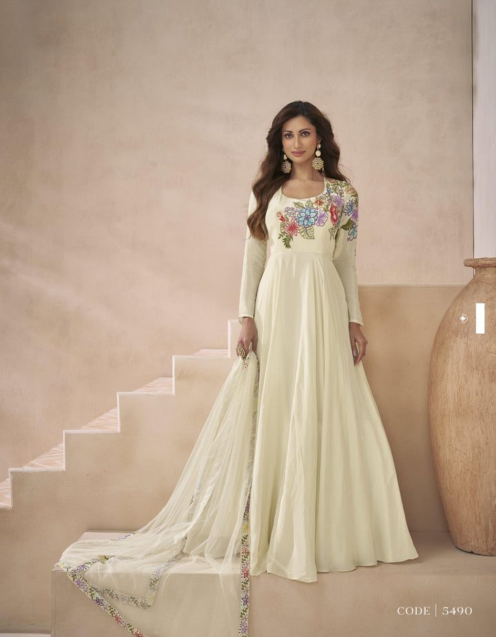 Classy White Silk Designer Occasions Wear Floor Length Anarkali