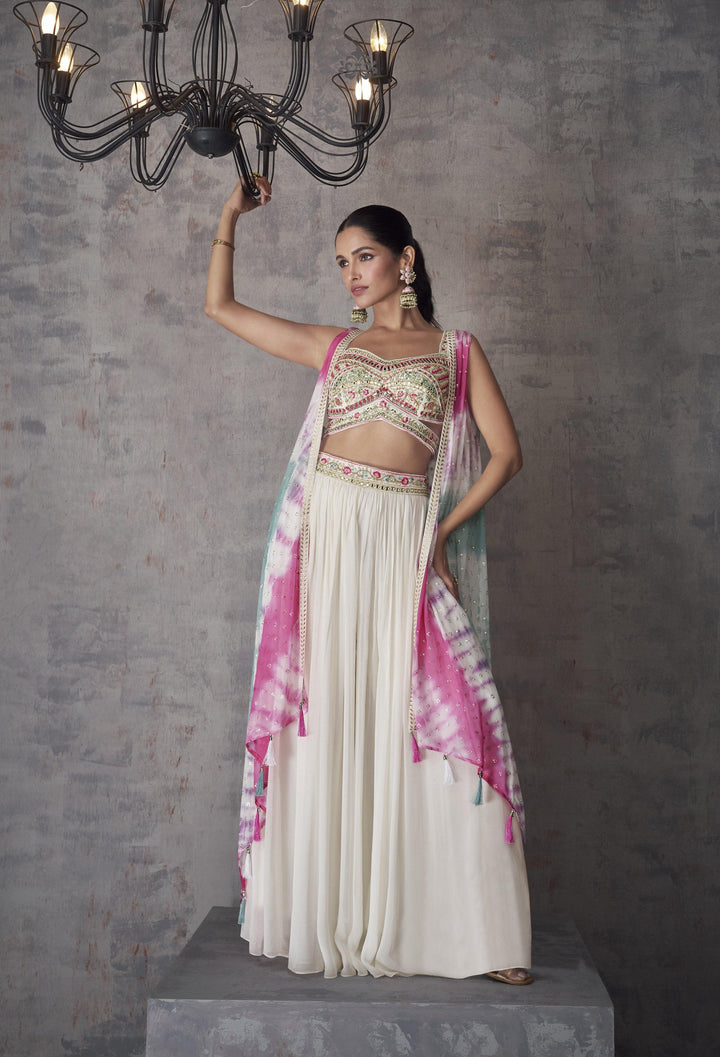 Summer Partywear White Georgette Indo Western Crop Top | Tie-Dye Shrug - Fashion Nation