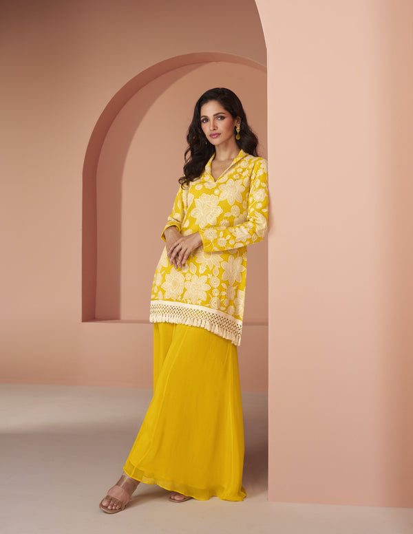 festive yellow silk indo western dress