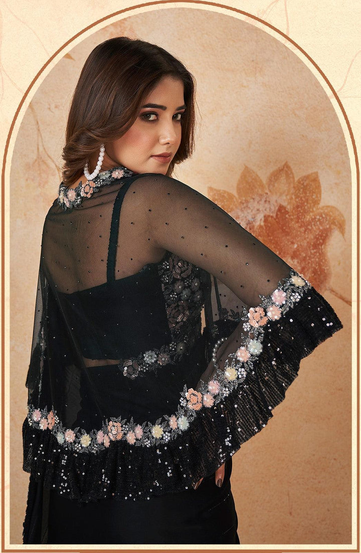 designer sequins work black crepe saree 