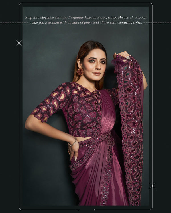 Evening Partywear Crepe Burgundy Sari with Belt - Fashion Nation