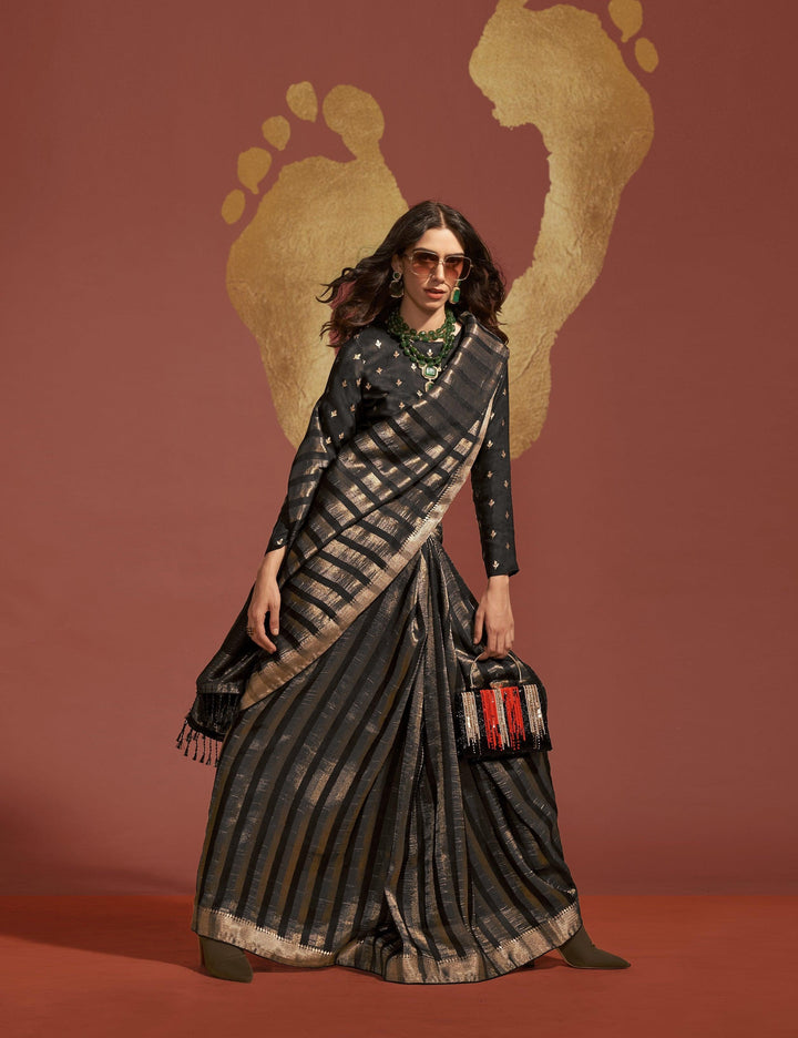 Evening Partywear Black Handloom Silk Weaving Ethnic Saree - Fashion Nation