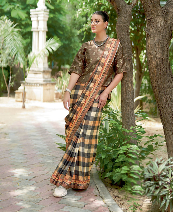 Silk checks patterned casual wear saree