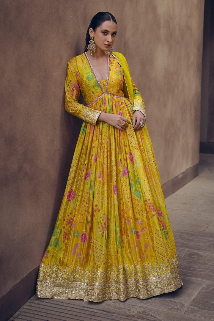 Festive Yellow Haldi Wear Georgette Readymade Fusion Fashion Party Gown - Fashion Nation