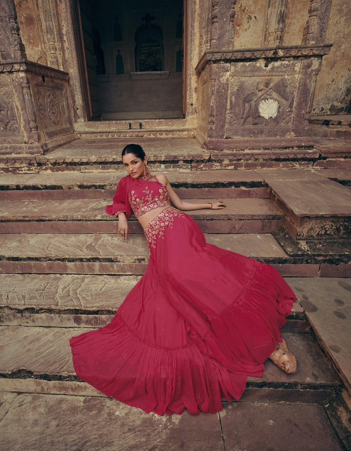 Sangeet Wear Pink Silk Indo Western One Shoulder Dress - Fashion Nation